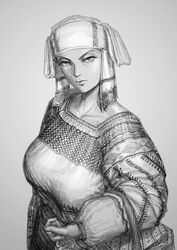  absurdres bad_id bad_twitter_id bag breasts dress expressionless female grey_background greyscale headdress highres large_breasts long_sleeves looking_at_viewer monochrome original solo traditional_clothes upper_body wass_nonnam 