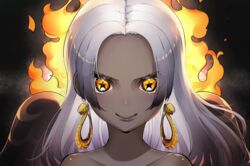  absurdres bare_shoulders black_wings collarbone dark-skinned_female dark_skin earrings female fire grey_hair highres jewelry long_hair mikamiruka_0728 one_piece parted_bangs s-snake seraphim_(one_piece) smile snake_earrings solo star-shaped_pupils star_(symbol) symbol-shaped_pupils wings yellow_eyes 