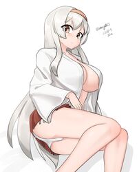  absurdres breasts feet_out_of_frame female hakama hakama_short_skirt hakama_skirt highres japanese_clothes kantai_collection large_breasts looking_at_viewer lying maru_(marg0613) on_side one-hour_drawing_challenge open_clothes red_eyes red_skirt shoukaku_(kancolle) shoukaku_kai_ni_(kancolle) skirt solo white_hair 