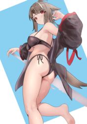  animal_ears arknights armpits ass bare_legs bare_shoulders barefoot bikini black_bikini black_jacket black_ribbon blue_background blush breasts brown_hair closed_mouth cutter_(arknights) female fox_ears fox_girl fox_tail hair_ornament hairclip jacket large_breasts long_sleeves off_shoulder open_clothes open_jacket red_eyes ribbon short_hair side-tie_bikini_bottom solo sora_mame_(princess_0sora) swept_bangs swimsuit tail topknot two-tone_background underboob white_background x_hair_ornament 