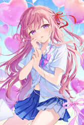  absurdres balloon blue_shirt blue_skirt collared_shirt d: day dress_shirt female floating_hair hair_ribbon highres koyulu long_hair looking_at_viewer midriff miniskirt nail_polish navel open_clothes open_shirt original outdoors partially_unbuttoned pink_hair pink_nails pink_ribbon pleated_skirt purple_eyes red_ribbon ribbon school_uniform shirt short_sleeves skirt solo stomach very_long_hair wing_collar 