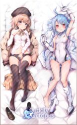  2girls arm_up armpits bare_legs bare_shoulders barefoot beret black_legwear black_panties blanc_(neptunia) blue_eyes blue_hair blush boots bow breasts brown_footwear brown_hair brown_jacket covered_navel dual_persona elbow_gloves full_body gekijigen__blanc_+_neptune_vs_zombie_gundan gloves hair_between_eyes hand_on_own_chest hand_up hat jacket knee_boots knee_up knees_together_feet_apart leotard loafers looking_at_viewer lying medium_hair multiple_girls navel neptune_(series) no_bra on_back open_mouth panties papion plaid plaid_bow plaid_skirt pleated_skirt polka_dot polka_dot_panties power_symbol power_symbol-shaped_pupils red_eyes school_uniform sheet_grab shoes short_hair_with_long_locks single_boot skin_tight skirt small_breasts symbol-shaped_pupils thighhighs underwear unworn_boots unworn_jacket unworn_shirt unworn_shoes unworn_skirt white_footwear white_gloves white_heart_(neptunia) white_leotard 