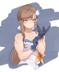  adjusting_clothes adjusting_gloves blue_flower blue_gloves blue_rose brown_eyes brown_hair closed_mouth collarbone commentary cropped_torso defender_(girls&#039;_frontline) expressionless female flower girls&#039;_frontline gloves hair_ornament highres long_hair muscular muscular_female rose sleeveless solo upper_body yellow_flower zzzearly 