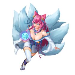  absurdres ahri_(league_of_legends) animal_ears artist_name bell blue_eyes blue_tail breasts cleavage collarbone commentary eyebrows facial_mark female fox_ears fox_tail full_body hair_bell hair_ornament hanho highres kitsune korean_clothes kyuubi large_breasts league_of_legends looking_to_the_side low_neckline multiple_tails nail_polish off_shoulder simple_background solo spirit_blossom_(league_of_legends) spirit_blossom_ahri tail whisker_markings white_background white_legwear 