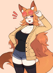  :3 adjusting_eyewear animal_ears arm_up black_thighhighs blunt_bangs blush breasts brown_hair choker cleavage collarbone commentary_request commission denim denim_shorts eyewear_on_head fangs female fox_ears fox_girl fox_tail freckles hand_on_own_hip highres large_breasts long_hair long_sleeves one_eye_closed open_mouth original purple_eyes red-tinted_eyewear round_eyewear short_shorts shorts smile solo sunglasses tail the_scarlet_devil thighhighs tinted_eyewear yellow-framed_eyewear 