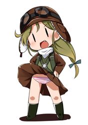  bad_id bad_twitter_id blush bomber_hat brown_hat brown_skirt fairy_(kancolle) female goggles goggles_on_headwear green_hair hands_on_own_hips hat highres inactive_account kantai_collection long_hair low-tied_long_hair nassukun oerba_yun_fang open_mouth panties simple_background skirt solo standing striped_clothes striped_panties underwear white_background wind wind_lift 