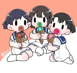  3girls black_hair blue_collar bob_cut collar commentary daitou_(kancolle) dated dress food food_on_face hiburi_(kancolle) ice_cream ice_cream_on_face indian_style kantai_collection low_ponytail multiple_girls sailor_dress seiza short_hair short_sleeves shounan_(kancolle) sidelocks sitting socks solid_oval_eyes symbol-only_commentary tsubutarou twintails wariza white_dress white_legwear 