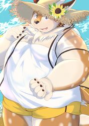  anthro beach belly blue_eyes bottomwear brown_body brown_fur clothing deer flower fur hat headgear headwear hi_res kazusa male mammal markings moobs nazebesu_hobby overweight overweight_male plant sea seaside shorts solo spots spotted_body spotted_fur straw_hat sunflower tamacolle water 