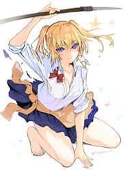  bare_legs barefoot blonde_hair blue_eyes blue_skirt bow bowtie breasts cleavage clothes_around_waist commentary_request feet female kneeling looking_at_viewer miniskirt official_art onishima_homare pleated_skirt polearm red_bow red_bowtie sagara_riri school_uniform skirt sleeves_rolled_up smile solo sounan_desuka? spear torn_clothes twintails twitter_username weapon 