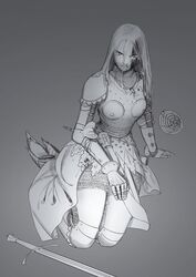  absurdres bad_id bad_twitter_id blood blood_on_face female full_body grey_background greyscale highres long_hair monochrome original sitting solo sword wass_nonnam weapon yokozuwari 