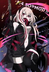  :d assault_rifle black_jacket black_legwear bullet character_name coat female girls&#039;_frontline gloves gun highres holding holding_weapon jacket jumpsuit long_hair m4_carbine m4_sopmod_ii m4_sopmod_ii_(girls&#039;_frontline) m4_sopmod_ii_(mod3)_(girls&#039;_frontline) mechanical_arms multicolored_hair open_clothes pink_hair red_eyes red_hair rifle single_mechanical_arm smile solo streaked_hair weapon zandorosouls 