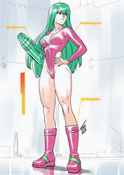  1980s_(style) absurdres arm_cannon blue_eyes breasts cleavage cleavage_cutout closed_mouth clothing_cutout collarbone covered_navel energy_cannon english_commentary female full_body gameplay_mechanics green_hair groin hair_between_eyes hand_on_own_hip highleg highleg_leotard highres justin_bailey large_breasts leotard long_hair long_sleeves metroid metroid_(classic) pink_footwear pink_leotard retro_artstyle samus_aran signature solo standing tekuho_no_habo weapon 