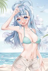  :d absurdres arm_up armpits bare_arms bare_shoulders beach bikini blue_bikini blue_eyes blue_hair breasts cleavage cowboy_shot day female halterneck highres hololive hololive_indonesia kobo_kanaeru long_hair looking_at_viewer medium_breasts navel ocean open_fly open_mouth outdoors short_shorts shorts smile solo stomach string_bikini suisen_(suisenhwa) swimsuit virtual_youtuber white_shorts 