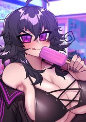  absurdres ahoge bare_shoulders bikini black_bikini blush breasts coat crawling_dreams female food highres long_hair looking_at_viewer nail_polish nyarla_(osiimi) osiimi popsicle purple_eyes purple_hair purple_nails sidelocks solo swimsuit tongue tongue_out 