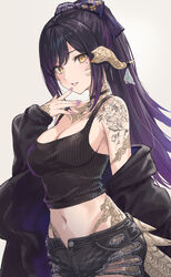  absurdres au_ra bare_shoulders black_choker black_jacket black_shorts black_tank_top bow breasts choker cleavage commentary commission cowboy_shot crop_top dragon_girl dragon_horns dragon_tail enporion female final_fantasy final_fantasy_xiv hairbow hand_up highres horns jacket jacket_partially_removed long_hair long_sleeves looking_at_viewer medium_breasts midriff mole mole_under_eye navel original parted_lips pink_nails ponytail purple_hair scales shorts sidelocks simple_background skeb_commission solo stomach tail tank_top tattoo torn_clothes torn_shorts warrior_of_light_(ff14) yellow_eyes 