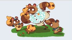  2021 absurd_res animal_crossing anthro apron bells_(animal_crossing) bennycartoonist bottomwear brother_(lore) brothers_(lore) brown_body brown_fur canid canine clothing coin fur group hat headgear headwear hi_res identical_twins male mammal money_bag nephew_(lore) nintendo overweight overweight_male raccoon_dog shirt shorts sibling_(lore) tanuki timmy_nook tom_nook_(animal_crossing) tommy_nook topwear twins_(lore) uncle_(lore) uncle_and_nephew_(lore) 