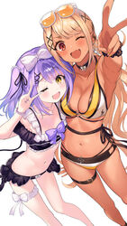  2girls ;d armpits bikini black_bikini black_choker black_scrunchie blonde_hair blush bow breasts brown_eyes buckle choker cleavage collarbone dark-skinned_female dark_skin eyewear_on_head flat_chest floating_hair frilled_bikini frills hairbow highres kaminari_qpi kaminari_qpi_(summer_c102) kurebayashi_noe lightning_bolt_piercing long_hair looking_at_viewer medium_breasts multiple_girls navel oerba_yun_fang one_eye_closed orange-tinted_eyewear purple_hair red_eyes scrunchie shinomiya_runa shinomiya_runa_(summer_c102) simple_background skin_fang smile standing sunglasses swimsuit thigh_strap tinted_eyewear twintails v v_over_eye very_long_hair virtual_youtuber vspo! white-framed_eyewear white_background white_bow wrist_scrunchie 