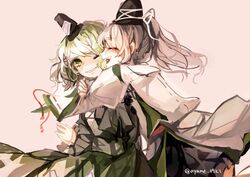  2girls :d arms_around_neck ayame_(no_ohana) blush closed_eyes commentary cowboy_shot dress green_dress green_eyes green_hair grey_hair grin happy hat heads_together highres hug hug_from_behind japanese_clothes kariginu looking_at_another medium_hair mononobe_no_futo multiple_girls one_eye_closed open_mouth own_hands_together ponytail ribbon-trimmed_sleeves ribbon_trim simple_background smile soga_no_tojiko tate_eboshi teeth touhou twitter_username upper_teeth_only wide_sleeves 