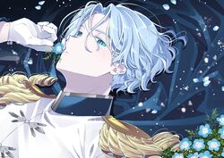  1boy aqua_eyes blue_eyes blue_flower blue_hair bright_pupils closed_mouth commentary_request epaulettes flower gloves hair_between_eyes hand_up hasegawa_langa highres holding holding_flower looking_at_viewer lying male_focus military military_uniform nemophila_(flower) on_back parted_bangs shirt short_hair simple_background sk8_the_infinity smelling_flower solo uniform upper_body uppi white_gloves white_pupils white_shirt 