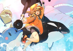  anchor_symbol animal bare_legs bike_shorts brown_eyes brown_hair cabbie_hat commentary_request dolphin eyepatch facial_hair female fingerless_gloves glasses gloves guilty_gear guilty_gear_strive hat heart heart_tattoo highres holding holding_weapon jacket kureta_(nikogori) may_(guilty_gear) open_mouth orange_hat orange_jacket orca shoes skull_and_crossbones smile solo tattoo water weapon wide_sleeves 