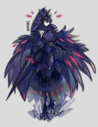  armor black_hair breasts character_name colored_skin commentary_request corviknight feathers female full_body gauntlets gigantamax gigantamax_corviknight greaves helmet highres holding holding_weapon kantarou_(8kan) lance long_hair looking_at_viewer personification pokedex_number pokemon polearm ponytail purple_hair red_eyes solo weapon white_skin 