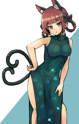  adapted_costume alternate_hairstyle animal_ears bare_legs bow braid cat_ears cat_tail china_dress chinese_clothes dress female floral_print ginnkei green_dress hairbow hand_on_own_hip highres kaenbyou_rin multiple_tails nekomata red_eyes red_hair solo tail touhou twin_braids two_tails 