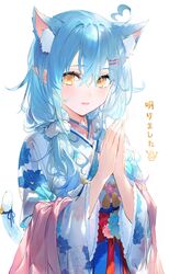  absurdres ahoge animal_ear_fluff animal_ears bell blue_hair blue_tail blue_theme blush bow breasts cat_ears cat_girl cat_tail eyelashes female floral_print hair_between_eyes hair_ornament hairclip happy_new_year heart heart_ahoge highres hololive japanese_clothes kemonomimi_mode kimono light_blue_hair long_hair looking_at_viewer medium_breasts multicolored_hair new_year official_alternate_hairstyle open_mouth own_hands_together palms_together pink_sash pointy_ears praying red_bow ribbon sash simple_background smile solo streaked_hair tail tail_bell tail_ornament tail_ribbon tassel translated twintails umibouzu_(niito) upper_body virtual_youtuber white_background white_kimono wide_sleeves yellow_eyes yukihana_lamy yukihana_lamy_(new_year) 