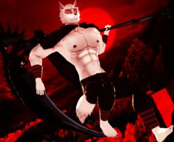  2023 3d_(artwork) anthro blood_moon canid canine canis clothing death_(puss_in_boots) digital_media_(artwork) dreamworks fur glowing glowing_eyes grey_body grey_fur hi_res holding_object looking_at_viewer male malicekira mammal melee_weapon mikumikudance_(artwork) muscular muscular_anthro muscular_male nipples polearm puss_in_boots_(dreamworks) red_eyes scythe smile solo weapon wolf 