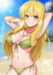  absurdres ahoge arms_behind_head bikini blonde_hair blush breasts commentary_request female green_bikini green_eyes groin hair_between_eyes halterneck heart highres hoshii_miki idolmaster idolmaster_(classic) jewelry long_hair looking_at_viewer mabanna medium_breasts navel side-tie_bikini_bottom smile solo string_bikini sweat swimsuit translation_request 