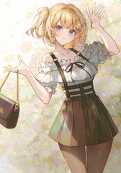  absurdres bag blonde_hair blue_eyes brown_pantyhose brown_skirt collarbone earrings female hair_ornament hairclip handbag heart heart_earrings highres holding holding_bag hololive hololive_english ijac_ray jewelry long_hair looking_at_viewer miniskirt nail_polish off-shoulder_shirt off_shoulder official_alternate_costume pantyhose pleated_skirt shirt short_sleeves side_ponytail skirt solo standing suspender_skirt suspenders thigh_gap virtual_youtuber watson_amelia watson_amelia_(street_casual) white_shirt yellow_nails 