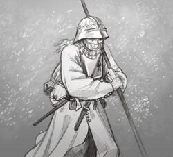  absurdres armor bad_id bad_twitter_id belt coat covered_mouth cowboy_shot female gloves grey_background greyscale helmet highres holding long_sleeves monochrome original scarf solo wass_nonnam 