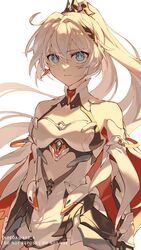  armor bare_shoulders blue_eyes cape closed_mouth earrings female gauntlets hair_ornament highres honkai_(series) honkai_impact_3rd jewelry kiana_kaslana kiana_kaslana_(herrscher_of_flamescion) koeda_(k83_4) long_hair looking_at_viewer ponytail simple_background solo white_background white_hair 