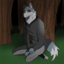  1:1 2021 anthro black_nose bottomwear canid canine canis clothing fur grey_body grey_fur hi_res humanoid_hands male mammal night outside pants password_(visual_novel) seiune solo tyson_(password) wolf 