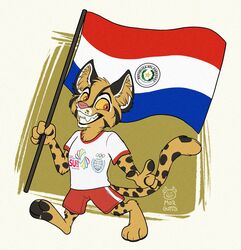  anthro asu2022 black_dots black_ears black_pawpads brown_body brown_fur flag flag_(object) fur furry_ears hi_res holding_flag holding_object male morgutts mountain_cat olympic_mascot olympics paraguayan_flag pawpads pink_nose simple_background smile solo tirika white_background 