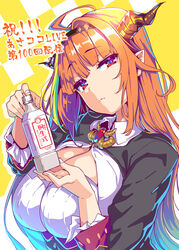  ahoge alcohol asacoco black_jacket blonde_hair bottle bow breasts brooch center_opening cleavage closed_mouth collared_shirt commentary diagonal-striped_bow diagonal_stripes dragon_horns eyelashes female hairband head_tilt highres holding hololive horn_bow horn_ornament horns jacket jewelry kiryu_coco kiryu_coco_(1st_costume) large_breasts long_hair looking_at_viewer multicolored_hair orange_hair pointy_ears red_eyes shiokonbu shirt simple_background solo streaked_hair striped two-tone_hair upper_body virtual_youtuber white_shirt wing_collar yellow_background 