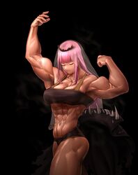  abs absurdres alternate_muscle_size bad_id bad_twitter_id biceps blunt_bangs breasts cleavage closed_eyes commentary cowboy_shot female flexing highres hololive hololive_english large_breasts long_hair mori_calliope mori_calliope_(1st_costume) muscular muscular_female obliques pink_hair simple_background solo tiara veil virtual_youtuber wass_nonnam 