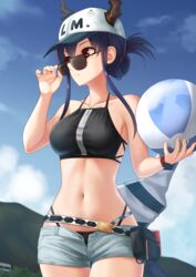  absurdres adjusting_eyewear alternate_hairstyle arknights arm_up balloon bare_shoulders bikini bikini_under_clothes black_bikini blue_hair blue_sky breasts ch&#039;en_(arknights) cloud cloudy_sky cowboy_shot dragon_horns fanny_pack female female_tourist_c_(arknights) halterneck hat highres holding holding_balloon horns kurisu-kun looking_away midriff mountain navel official_alternate_costume open_clothes open_shorts outdoors peaked_cap red_eyes short_hair short_shorts shorts sky solo stomach sunglasses swimsuit underwear watch white_shorts 