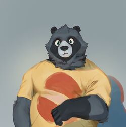  2020 anthro belly black_nose canid canine clothing cyanroll hi_res humanoid_hands male mammal overweight overweight_anthro overweight_male raccoon_dog shirt simple_background solo tanuki topwear 