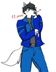  angel_wolf_(angel_generations) angelwolfgen anthro belt black_clothing black_hair black_shirt black_topwear blue_clothing blue_coat blue_topwear bottomwear brown_eyes canid canine canis clothing coat denim denim_bottomwear denim_clothing fur hair hi_res jeans male mammal pants pink_earbuds shirt slim solo topwear white_body white_fur wolf 