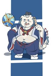  2021 agyo_(tas) anthro asian_mythology belly big_belly bottomwear closed_eyes clothing east_asian_mythology foo_dog haoming hi_res humanoid_hands japanese_mythology kemono komainu lifewonders male mammal mythology navel overweight overweight_male pants solo tokyo_afterschool_summoners yokai 