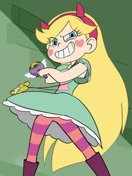  aqua_dress blonde_hair blue_eyes dress facial_mark fake_horns female hairband haruyama_kazunori heart heart_cheeks holding holding_wand horned_headwear horns long_hair looking_at_viewer pantyhose red_hairband smile solo star_(symbol) star_butterfly star_vs_the_forces_of_evil star_wand striped_clothes striped_pantyhose toon_(style) very_long_hair wand 