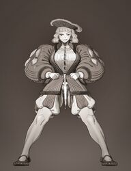  absurdres bad_id bad_twitter_id belt blunt_bangs breasts cleavage female full_body greyscale hat highres jewelry knife large_breasts long_sleeves monochrome necklace original puffy_long_sleeves puffy_sleeves shoes short_hair smile solo standing wass_nonnam 