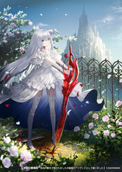  bare_shoulders blood blood_sword blue_sky castle cinkai closed_mouth cloud collarbone cover crystal dress female fence flower grey_eyes highres holding holding_sword holding_weapon long_hair neck_scar ocean original outdoors petals pink_flower pink_rose rose scar silver_hair sky smile solo standing sword very_long_hair water weapon white_dress white_footwear white_legwear wind 