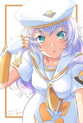  anya_dostoyevskaya aqua_eyes aria_(manga) beret blush breasts collarbone commission cowboy_shot crossed_bangs dated dress eyelashes female fingerless_gloves gloves hand_up hat highres long_hair looking_at_viewer nabana_yuna neckerchief open_mouth orange_planet_uniform purple_hair sailor_collar shadow short_sleeves side_slit sidelocks skeb_commission small_breasts solo white_background white_dress white_hat yellow_neckerchief 