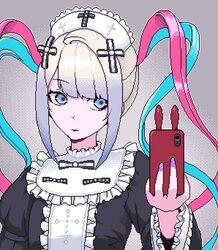  alternate_costume black_bow blue_eyes blue_hair bow chouzetsusaikawa_tenshi-chan collared_shirt drill_hair eencya female frilled_sleeves frills hairbow long_sleeves looking_at_viewer maid maid_headdress multicolored_hair nail_polish needy_girl_overdose official_art phone pink_hair pixel_art purple_nails quad_tails selfie shirt sidelocks simple_background solo twin_drills white_hair wide_sleeves 