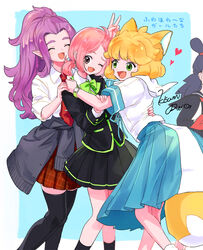  1boy 3girls absurdres animal_ears aqua_background aqua_skirt black_legwear black_skirt bow bowtie brown_eyes feet_out_of_frame fox_ears fox_tail green_bow green_bowtie green_eyes hand_up heart highres kisumi_rei long_hair luo_xiaobai luo_xiaohei_zhanji medium_hair multiple_girls nezha_(the_legend_of_luoxiaohei) one_eye_closed open_mouth orange_hair pink_hair plaid plaid_skirt pointy_ears ponytail purple_hair red_skirt ruoshui_(the_legend_of_luoxiaohei) shirt skirt smile socks tail thighhighs v watch white_legwear white_shirt wristwatch zi_luolan_(the_legend_of_luoxiaohei) 