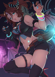  animal_ears bat_wings black_shorts black_thighhighs blue_eyes blue_nails bracelet breasts brown_hair cleavage commentary crop_top female hair_between_eyes highres horns horse_ears horse_girl horse_tail jewelry large_breasts leg_belt looking_at_viewer mejiro_palmer_(devil_in_the_moonlight)_(umamusume) mejiro_palmer_(umamusume) midriff multicolored_hair multicolored_nails nail_polish navel open_mouth orange_nails shorts smile solo sugarbeat symbol-only_commentary tail thighhighs two-tone_hair umamusume white_hair wings 