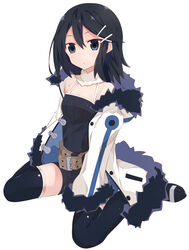  asagiri_asagi bare_shoulders black_eyes black_hair black_shorts black_thighhighs breasts commentary disgaea female fur-trimmed_jacket fur-trimmed_sleeves fur_collar fur_trim gloves hair_between_eyes hair_ornament hairclip highres jacket long_hair long_sleeves looking_at_viewer makai_wars nippon_ichi open_clothes open_jacket short_shorts shorts sidelocks simple_background sitting small_breasts solo thighhighs wariza white_background white_gloves white_jacket x_hair_ornament yoriha_yashiro 