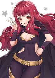  :d ass_visible_through_thighs belt black_cape bodysuit breasts cape cleavage clenched_hand covered_navel facial_mark female fire_emblem fire_emblem_engage hako_momiji hand_on_own_hip hand_up highres long_hair looking_at_viewer medium_breasts open_mouth orange_eyes red_hair smile solo star_(symbol) star_facial_mark v white_background yunaka_(fire_emblem) 