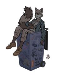  alpha_channel anthro beverage billy_anderson bin blazer bottomwear brown_clothing brown_footwear brown_shoes calvin_(calvin_and_hobbes) calvin_and_hobbes cigarette cigarette_smoke clothed clothing collarbone container countershading drinking drinking_straw eyebrows fan_character fluffy fluffy_tail footwear formal_shoes fur gopher_chucks graffiti grey_body grey_eyes grey_fur half-closed_eyes hank_hill hi_res holding_beverage holding_object in_container in_trash inside_trash_can jacket king_of_the_hill leaning leaning_backward lidded_eyes looking_away male mammal milkshake narrowed_eyes pants plantigrade procyonid raccoon relaxing shoes signature simple_background sitting smile smoke smoking solo spanish_text sticker supreme tail text topwear translated transparent_background trash_can water white_body white_countershading white_eyebrows 